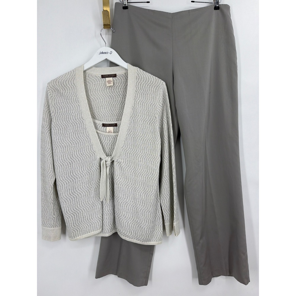 Sigrid Olsen 3 Piece Set Metallic Knit‎ Cardigan Cami Silk Blend Pants Grey 16 L